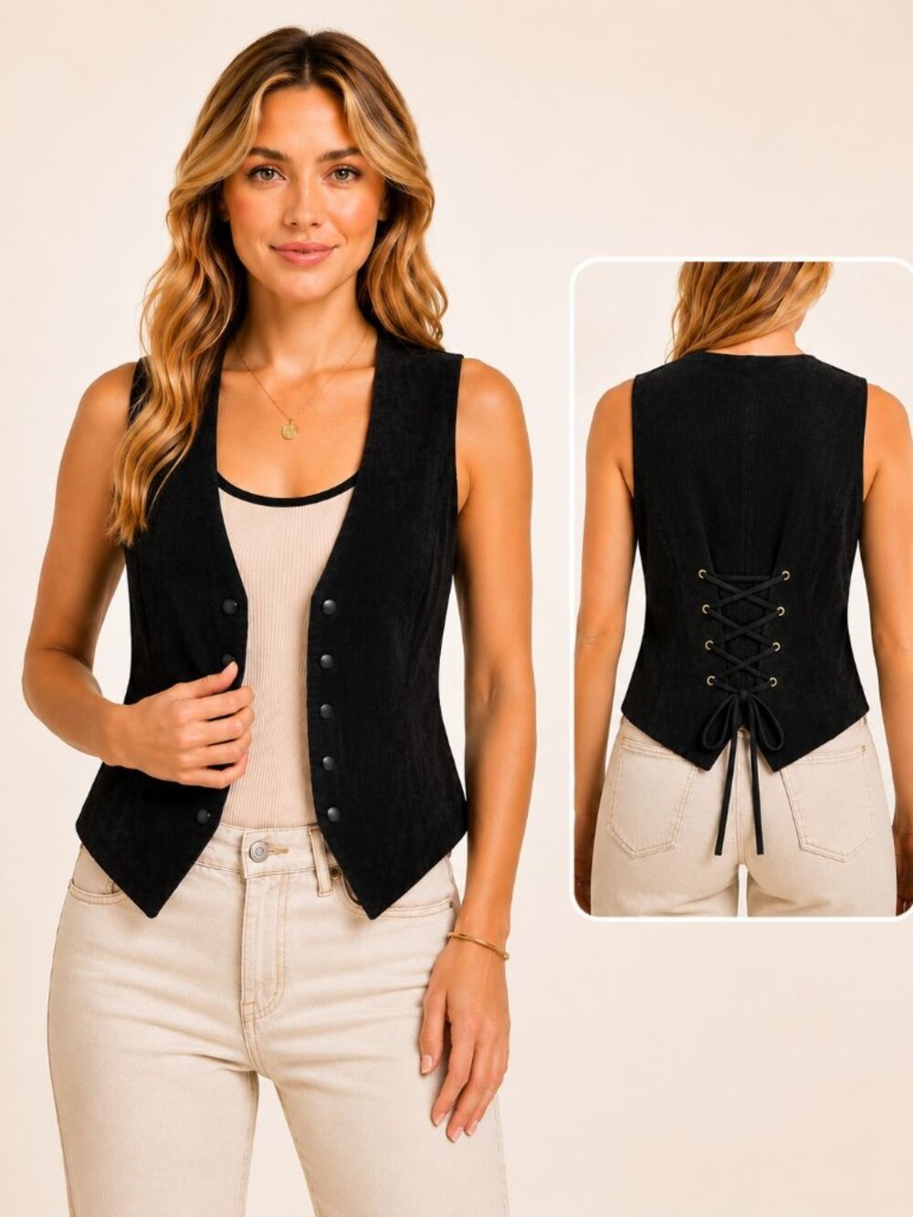 Firenze Santa Barbara Black Suede Leather Vest Lace Up Back Western Womens Small